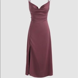 Solid Cowl Neck Slit Midi Dress